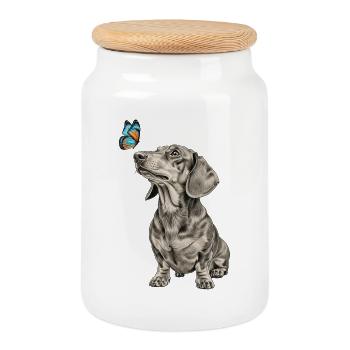 Dackel mit Schmetterling Motiv Hundefans Vintage - Keksdose mit Holzdeckel - Weiß - Vorne