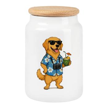 Chien de plage avec appareil photo et cocktail - Boîte à biscuits avec couvercle en bois - blanc - Devant