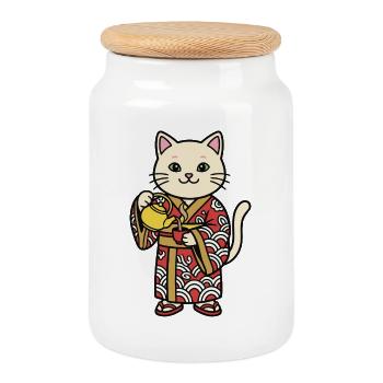Chat japonais avec du thé - Boîte à biscuits avec couvercle en bois - blanc - Devant