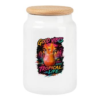 Tropische Gute-Laune Vibes - Keksdose mit Holzdeckel - Weiß - Vorne