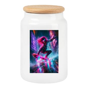 Skateur Cyberpunk Néon sous la Pluie - Boîte à biscuits avec couvercle en bois - blanc - Devant