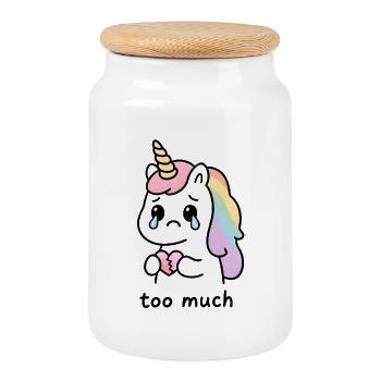 Too Much – Heartbroken Emotional Kawaii Unicorn - Cookie Jar with Wooden Lid - white - Front
