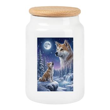Howling to the Moon Meme Animal Dog Akita Inu - Cookie Jar with Wooden Lid - white - Front