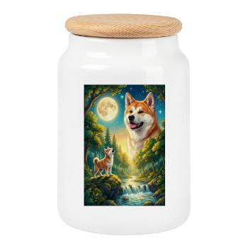 Howling to the Moon Meme Animal Dog Akita Inu - Cookie Jar with Wooden Lid - white - Front