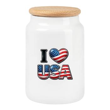 I Love USA – Patriotic Message Emblem Flag - Cookie Jar with Wooden Lid - white - Front