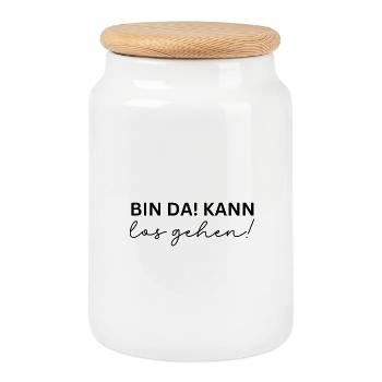 Bin da - kann los gehen - Keksdose mit Holzdeckel - Weiß - Vorne