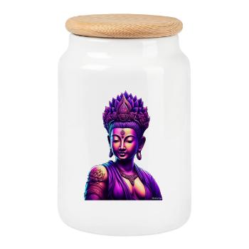 Neon-Buddha mit Lotuskrone - Keksdose mit Holzdeckel - Weiß - Vorne
