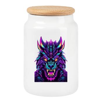 Neon Wolf Spirit - Cookie Jar with Wooden Lid - white - Front