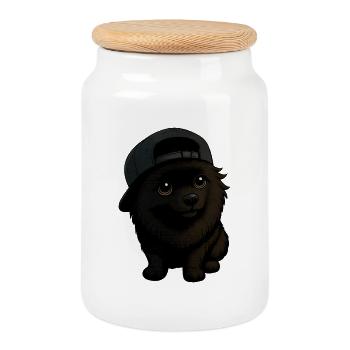Funny Spitz Dog with Cap and Expression - Cookie Jar with Wooden Lid - white - Front