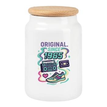 Original since 1985 - Year of birth 1985 - Cookie Jar with Wooden Lid - white - Front