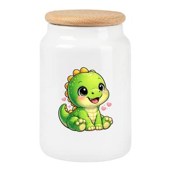 Kleiner Dino Herzchen Kuscheltier - Keksdose mit Holzdeckel - Weiß - Vorne