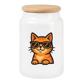 Chat avec des lunettes de soleil - Boîte à biscuits avec couvercle en bois - blanc - Devant
