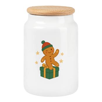 Figurine en pain d’épices sur une boîte cadeau - Boîte à biscuits avec couvercle en bois - blanc - Devant