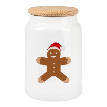 Bonhomme en pain d’épices avec le chapeau de Père Noël - Boîte à biscuits avec couvercle en bois - blanc - Devant