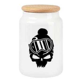 Snowboard Skull with snowboard goggles - Cookie Jar with Wooden Lid - white - Front