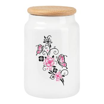 Cherry blossoms with butterflies - Cookie Jar with Wooden Lid - white - Front