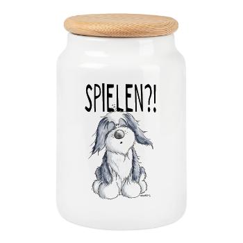 Verspielter Bearded Collie - Hund - Geschenk - Keksdose mit Holzdeckel - Weiß - Vorne