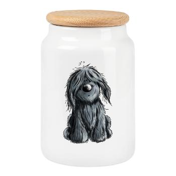 Knuffiger schwarzer Briard - Hund - Geschenk - Keksdose mit Holzdeckel - Weiß - Vorne