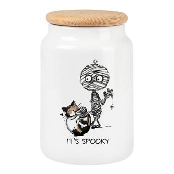 Maman et Chat - Motif d’Halloween - C’est effrayant - Boîte à biscuits avec couvercle en bois - blanc - Devant