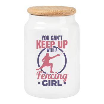 Fencing Girl - Cookie Jar with Wooden Lid - white - Front