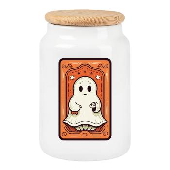 Orange Ghost Tarot Card - Cookie Jar with Wooden Lid - white - Front