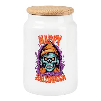Spooky Halloween Skull with Beanie - Cookie Jar with Wooden Lid - white - Front
