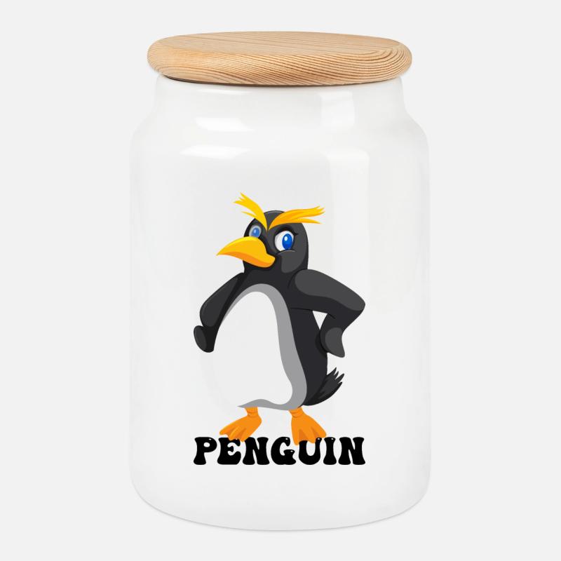Bold Yellow Eyebrow Penguin - Cookie Jar with Wooden Lid - white