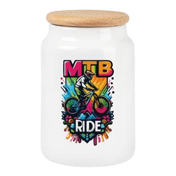 Lebendige Mountainbike-Fahrt Illustration - Keksdose mit Holzdeckel - Weiß - Vorne