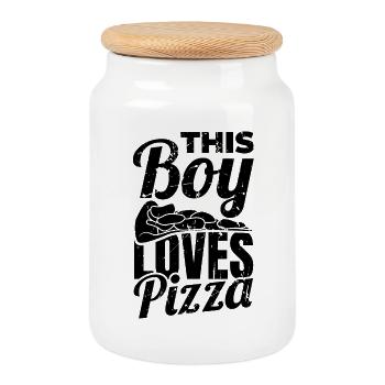 Boy who loves pizza - Cookie Jar with Wooden Lid - white - Front