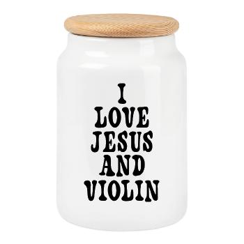 I love Jesus and violin - Cookie Jar with Wooden Lid - white - Front