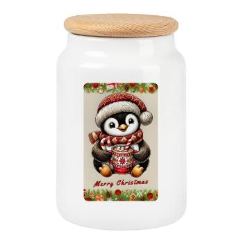 Pingouin de Noël au chocolat chaud - Boîte à biscuits avec couvercle en bois - blanc - Devant