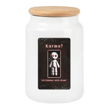 "Karma? I'll take care of it!" - Cookie Jar with Wooden Lid - white - Front