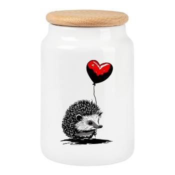 Hérisson avec ballon coeur - Heartful Creatures - Boîte à biscuits avec couvercle en bois - blanc - Devant