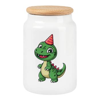 Niedlicher Dinosaurier mit Partyhut - lustig und verspielt - Keksdose mit Holzdeckel - Weiß - Vorne