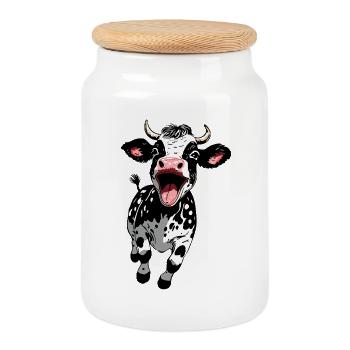 veau heureux motif de ferme drôle - Boîte à biscuits avec couvercle en bois - blanc - Devant