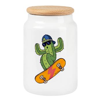 Kaktus Skater - Keksdose mit Holzdeckel - Weiß - Vorne