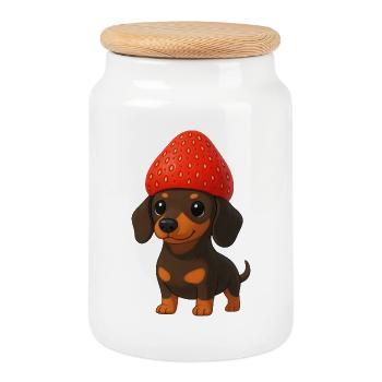 Teckel drôle avec des fraises et un chapeau fruité - Boîte à biscuits avec couvercle en bois - blanc - Devant