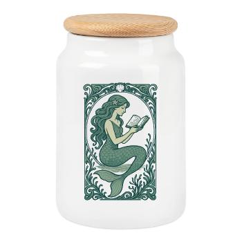 Mermaid Mermaid Reading Book Books Gift - Cookie Jar with Wooden Lid - white - Front