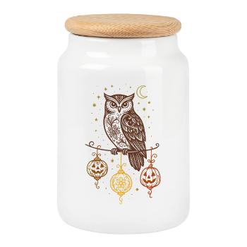 Hibou d’Halloween avec citrouilles, lanternes et étoiles - Boîte à biscuits avec couvercle en bois - blanc - Devant