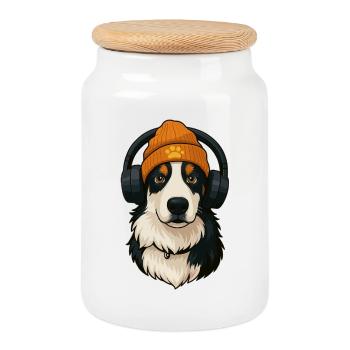 Berger australien avec casquette et casque - Boîte à biscuits avec couvercle en bois - blanc - Devant