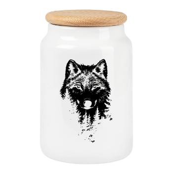Wolf Face Forest Silhouette - Cookie Jar with Wooden Lid - white - Front