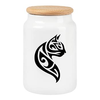 Cat Tribal - Cookie Jar with Wooden Lid - white - Front