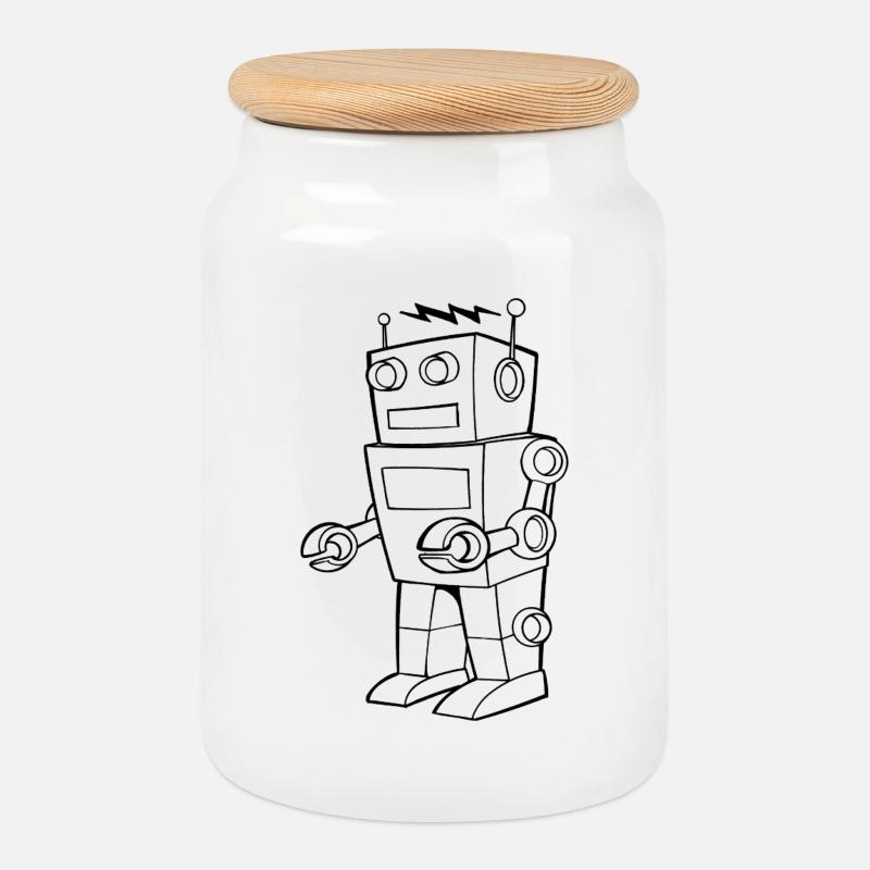 Robot Vintage Sketch Design - Cookie Jar with Wooden Lid - white