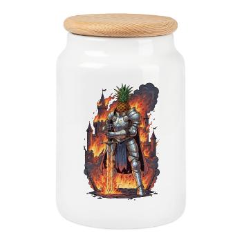 Ananas Ritter im Feuerschloss - Keksdose mit Holzdeckel - Weiß - Vorne