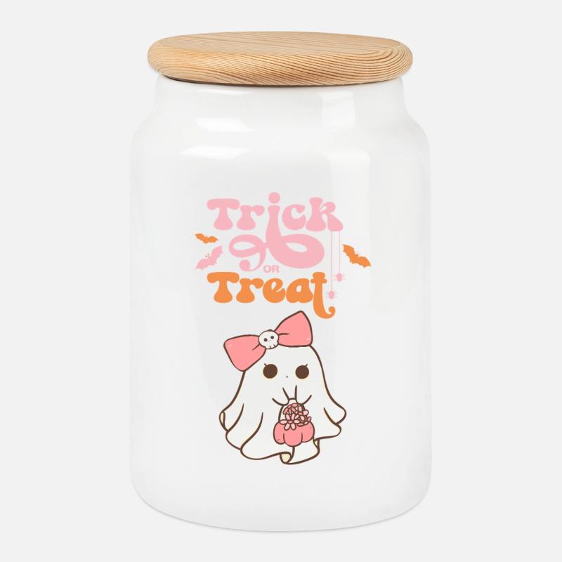 🎃 Trick or Treat – Style 👻🍬 Kawaii - Boîte à biscuits avec couvercle en bois - blanc