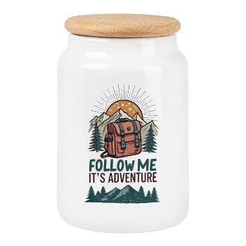 Sac à dos et montagnes avec slogan aventure - Boîte à biscuits avec couvercle en bois - blanc - Devant