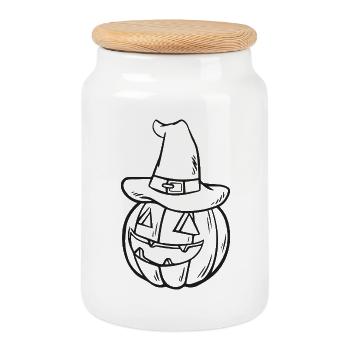 Croquis de citrouille avec chapeau de sorcière - Motif mignon d’Halloween - Boîte à biscuits avec couvercle en bois - blanc - Devant