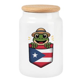 Puerto Rico Coqui With Straw Hat In Flag - Cookie Jar with Wooden Lid - white - Front