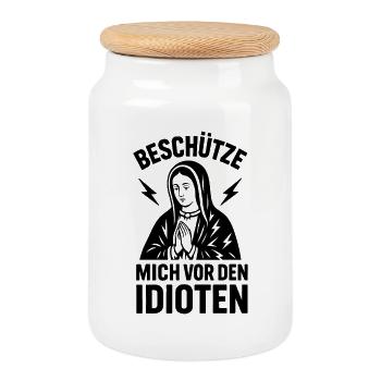 Funshirt Protégez-moi des idiots - Boîte à biscuits avec couvercle en bois - blanc - Devant