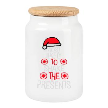 Most Likely to Shake the Presents Christmas Fun - Cookie Jar with Wooden Lid - white - Front